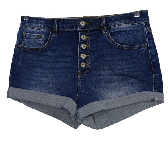 Denim High Waist Button Fly Jean Shorts Women Size L Distressed Rolled Hem - Picture 1 of 9